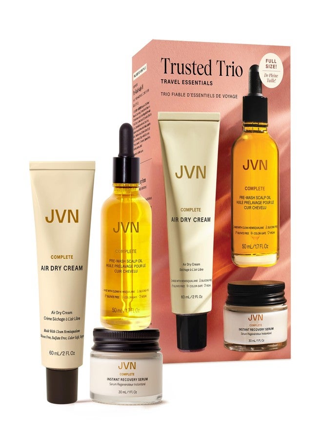 JVN Trusted Trio Travel Essentials Hair Products, Pack of 3, Includes Air Dry Cream, Instant Recovery Serum, and Pre-Wash Scalp Oil, Hair Care for Women and Men, Silicone Free - Image 1